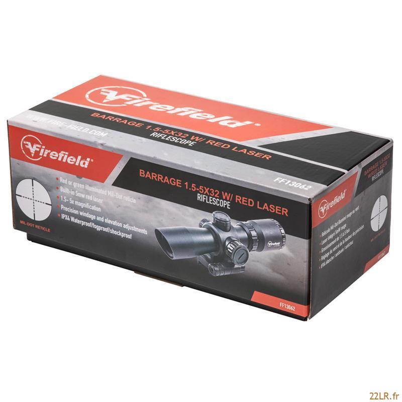 Lunette 22LR 1.5-5X32 Firefield Barrage Riflescope avec laser rouge – Image 3